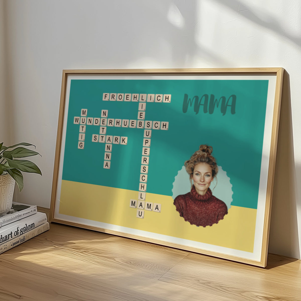 Familie Kreuzworträtsel Bild Geschenkidee für Mama. Ein Buntes Gerahmtes Poster Bild von einer Mama 
 mit Kreuzworträtsel mit Wörtern und Text. Kreuzworträtsel Bild mit Personalisierung