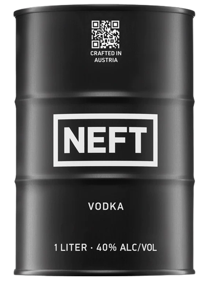 Neft Vodka Black Barrel 750ml in unique black oil barrel packaging.