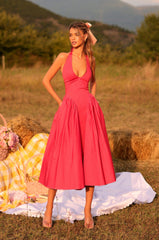 Winterberry Red halter midi dress with fitted waist