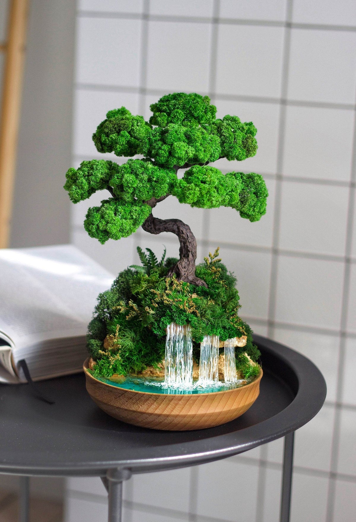 Indoor bonsai with Preserved moss - Handmade bonsai tree on Waterfall desk - MagicGardens