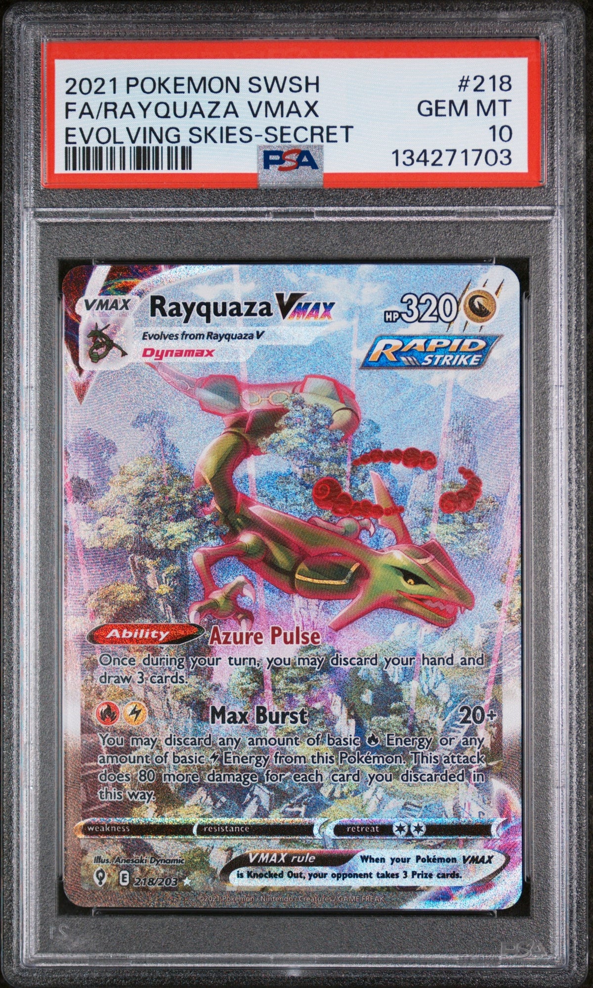 SWSH07 Evolving Skies  218/203 PSA10 #134271703 Rayquaza VMAX (Alternate Art Secret)  - Holofoil - Secret Rare