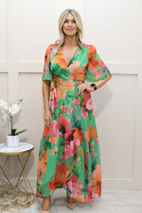 Hope & Ivy Flutter Sleeve Maxi Wrap Dress with Tie Waist - Green - Samantha