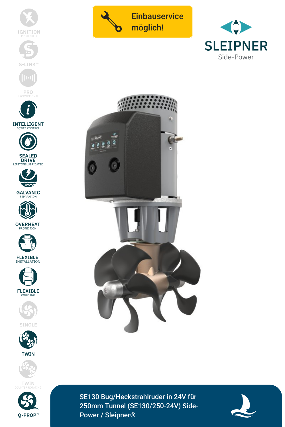 SE130 Bug/Heckstrahlruder in 24V für 250mm Tunnel (SE130/250-24V) Side-Power / Sleipner®
