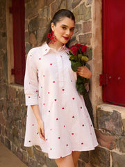 White & Red Heart Print Collar Neck Short Dress-Pink Paprika By SASSAFRAS