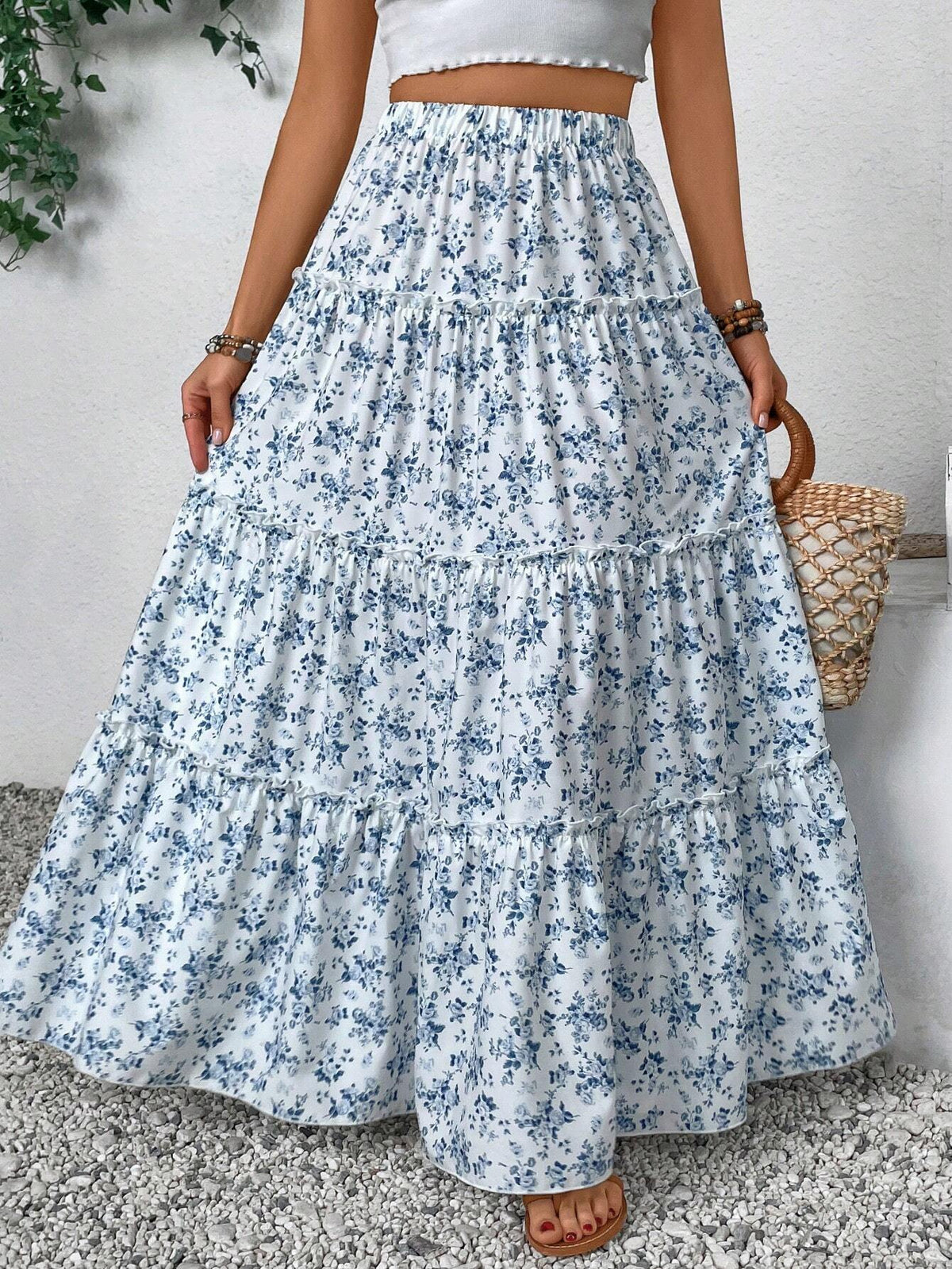 VCAY Women's Fashionable Sweet Ditsy Floral Long Skirt For Summer