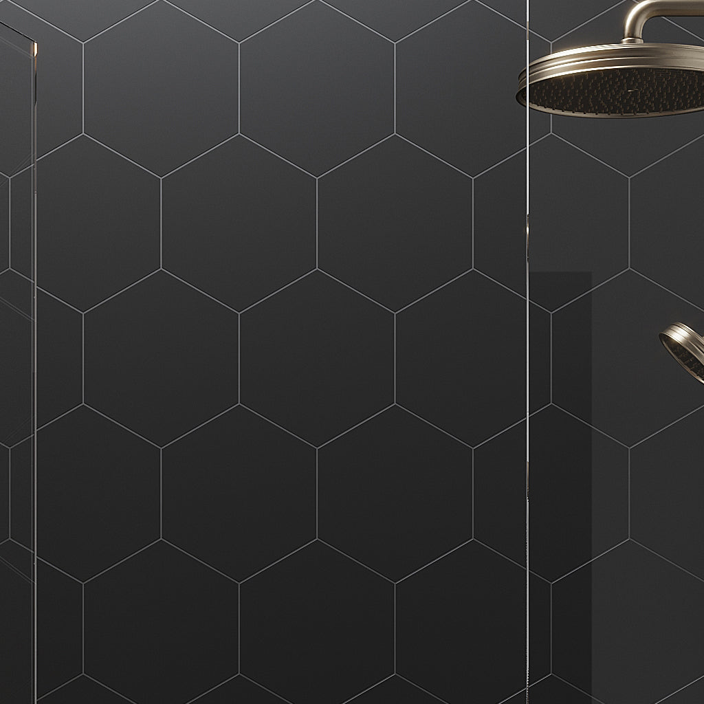 Metal black matte hexagon porcelain tile on bathroom shower wall, 8x9 inches