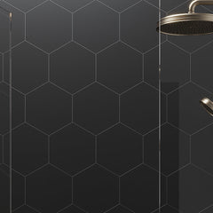 Metal black matte hexagon porcelain tile on bathroom shower wall, 8x9 inches