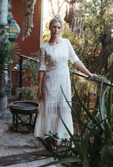 Antique white lace-trim Edwardian voile dress, tiered skirt and 3/4 sleeves