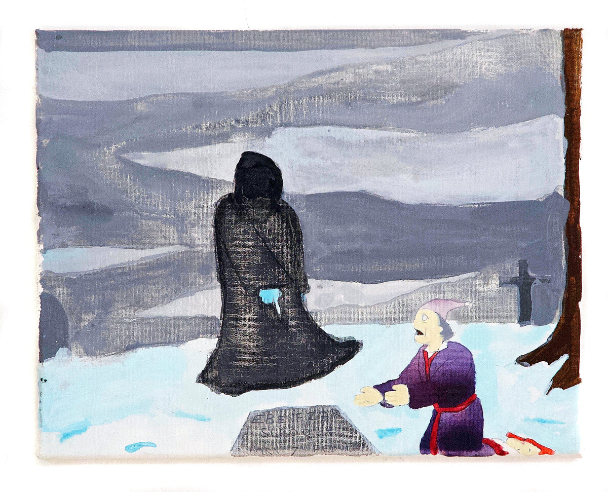 a rectangular painting with a grey sky and light blue snow on the ground. Two  figures are shown in the center of the image. One figure is wearing a black cloak and the other is in a purple and red robe.