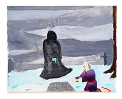 a rectangular painting with a grey sky and light blue snow on the ground. Two  figures are shown in the center of the image. One figure is wearing a black cloak and the other is in a purple and red robe.