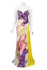 2005 Roberto Cavalli Large-Scale Floral Silk Bustier High-Slit Gown & Shawl