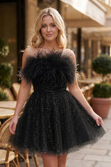 Black A-Line Black Sequin Feather Short Party Dress - KISSPROM