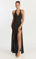 Lauren Maxi Dress - Plunge Halterneck High Split Dress in Black