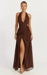Eva Maxi Dress - Plunge Halter Wrap Dress in Chocolate