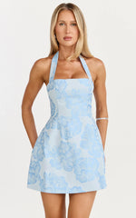 Gabbie Mini Dress - Jacquard Halter Fit And Flare Dress in Blue