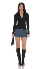 Fur Collar Zip-Up Cardigan in Black