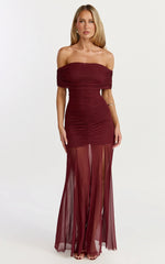 Alanna Maxi Dress - Off Shoulder Ruched Mesh Dress in Wine
