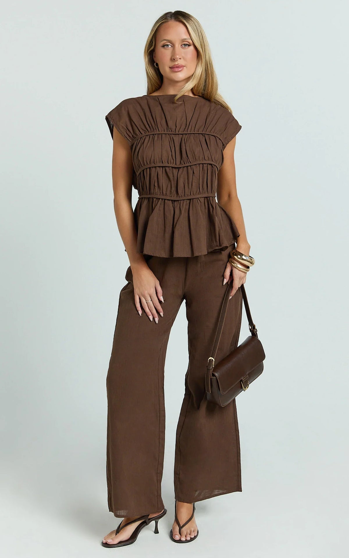 Auric Two Piece Set - Ruched Detail Top and Wide Leg Pants Set in Brown