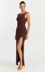Audette Maxi Dress - Boat Neck Ruched Fitted Dress in Chocolate