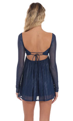 Foil Long Sleeve Babydoll Dress in Navy