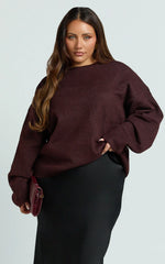 Amanda Top - Crew Neck Long Sleeve Knit Sweater in Burgundy