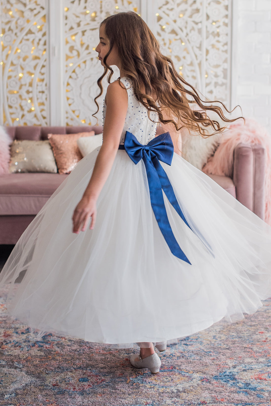 White & Navy Flower Girl Dress