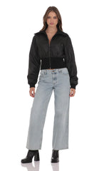 Cinched Faux Leather Bomber Jacket in Black