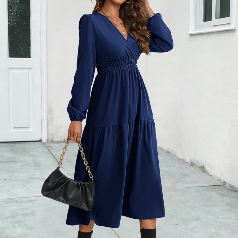 IROINNID Long Sleeve Dress for Women Long Sleeve Dress V-Neck Ladies Solid Long  Dresses,Blue