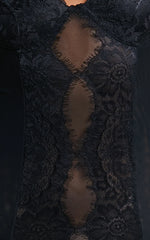 Lara Bodysuit - Lace Detail Sweetheart Short Sleeve Bodysuit in Black