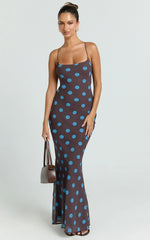 Krishna Maxi Dress - Strappy Scoop Neck Floral Placement Print Georgette Dress in Polka Dot Print