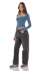 Drawstring Denim Jeans in Faded Black
