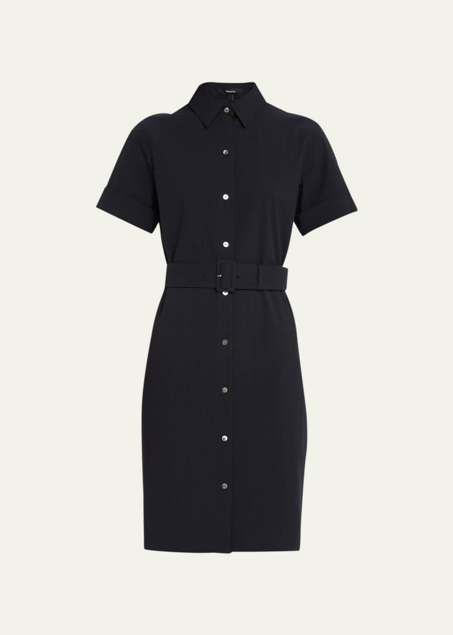 Theory Belted Short-Sleeve Seersucker Shirtdress