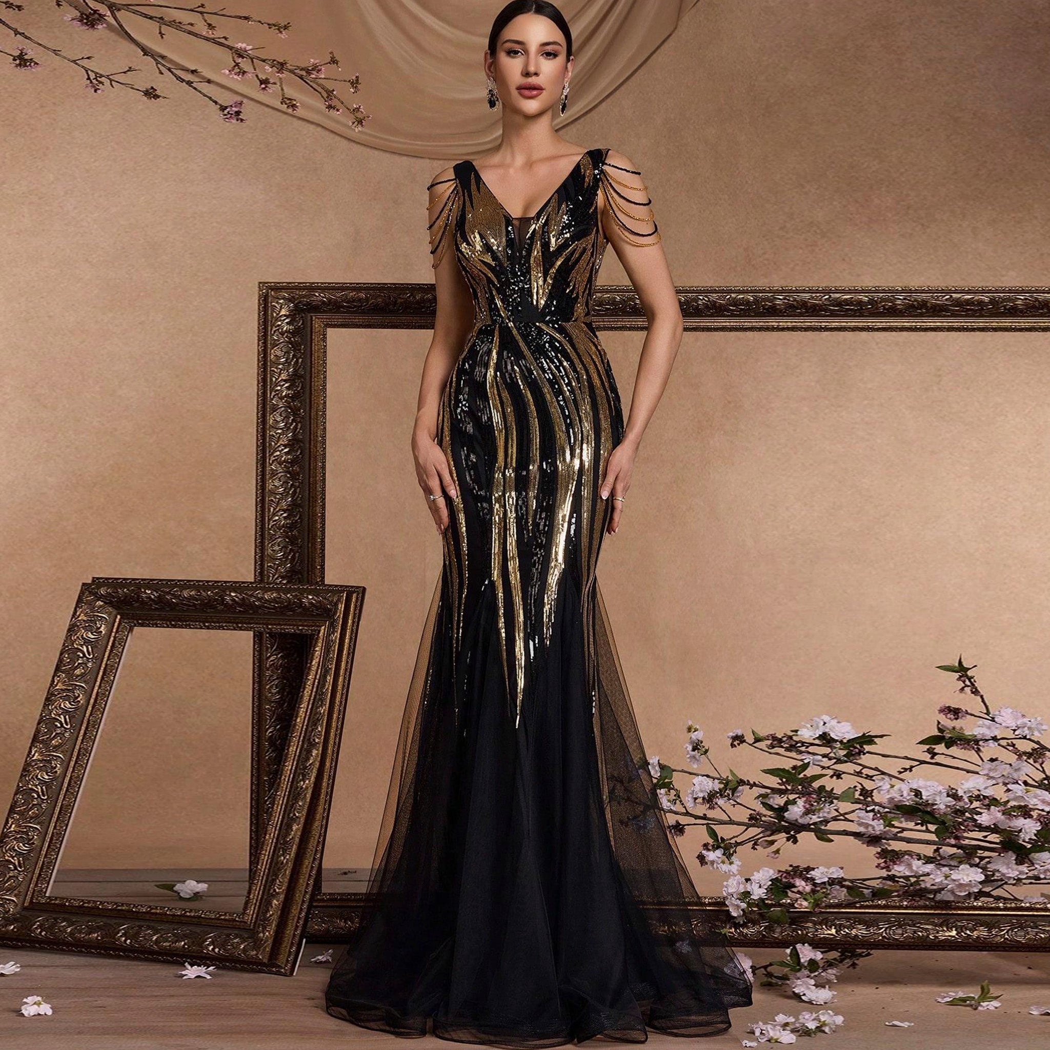 Black and Gold Sequin Evening Dress with V-neck and Sweep/Brush Train - Rosymae