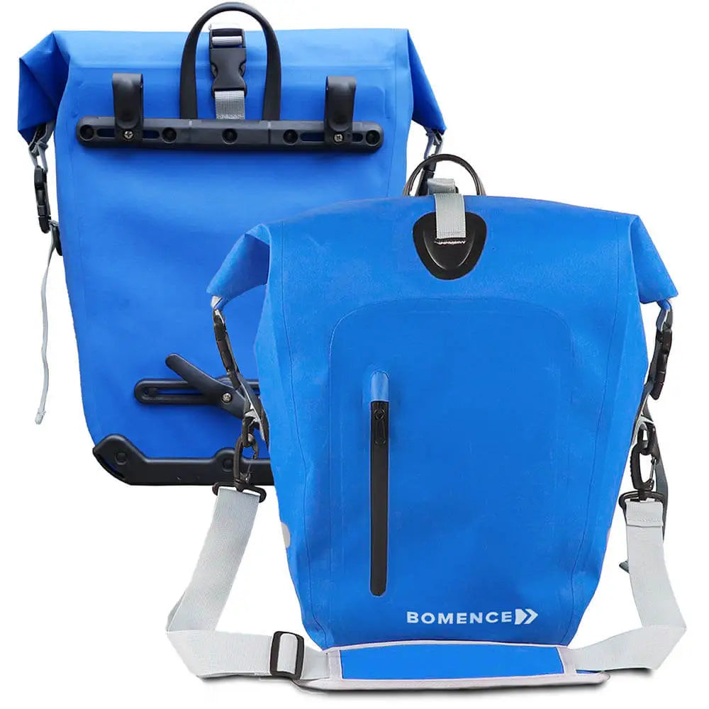 zwei Fahrradtaschen blau wasserdicht bikepacking