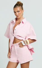 Rhianna Top - Oversized Recycled Denim Short Sleeve Shirt in Pink