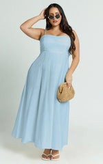Brette Midi Dress - Linen Straight Neck Strappy Fit And Flare Dress in Blue