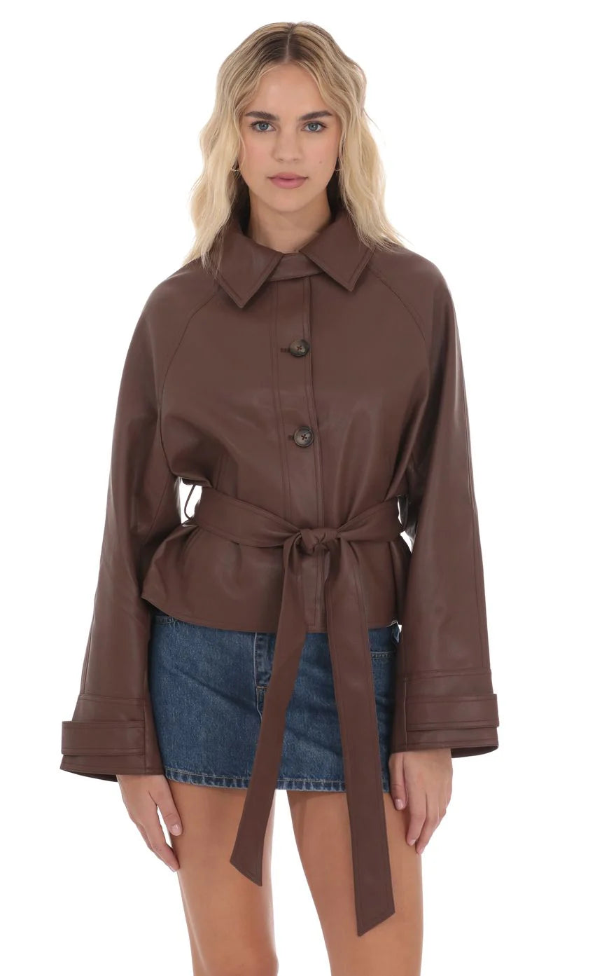 Belted Faux Leather Jacket in Black