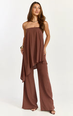 Bella Two Piece Top and Pants Set - Long Line Assym Top And Wide Leg Pants Set in Chocolate