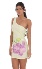 One Shoulder Floral Print Dress in Pastel Green