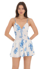 Blue Floral Smocked Ruffle Dress in White