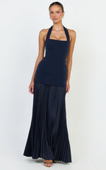 Loretta Maxi Dress - Contrast Halter Neck Pleated Dress in Navy