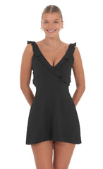 Ruffle V-Neck Dress in Black