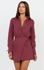Heath Mini Dress - Collared Button Up Shirt Dress in Wine