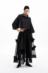 SİYAH DERİ TAFTA TASARIMLI OVERSIZE CROP GÖMLEK