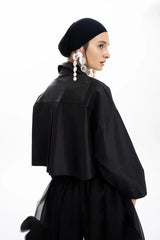 SİYAH DERİ TAFTA TASARIMLI OVERSIZE CROP GÖMLEK