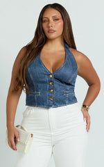 Walton Vest - Halter Neck Button Down Crop Recycled Denim Vest in Dark Blue Wash
