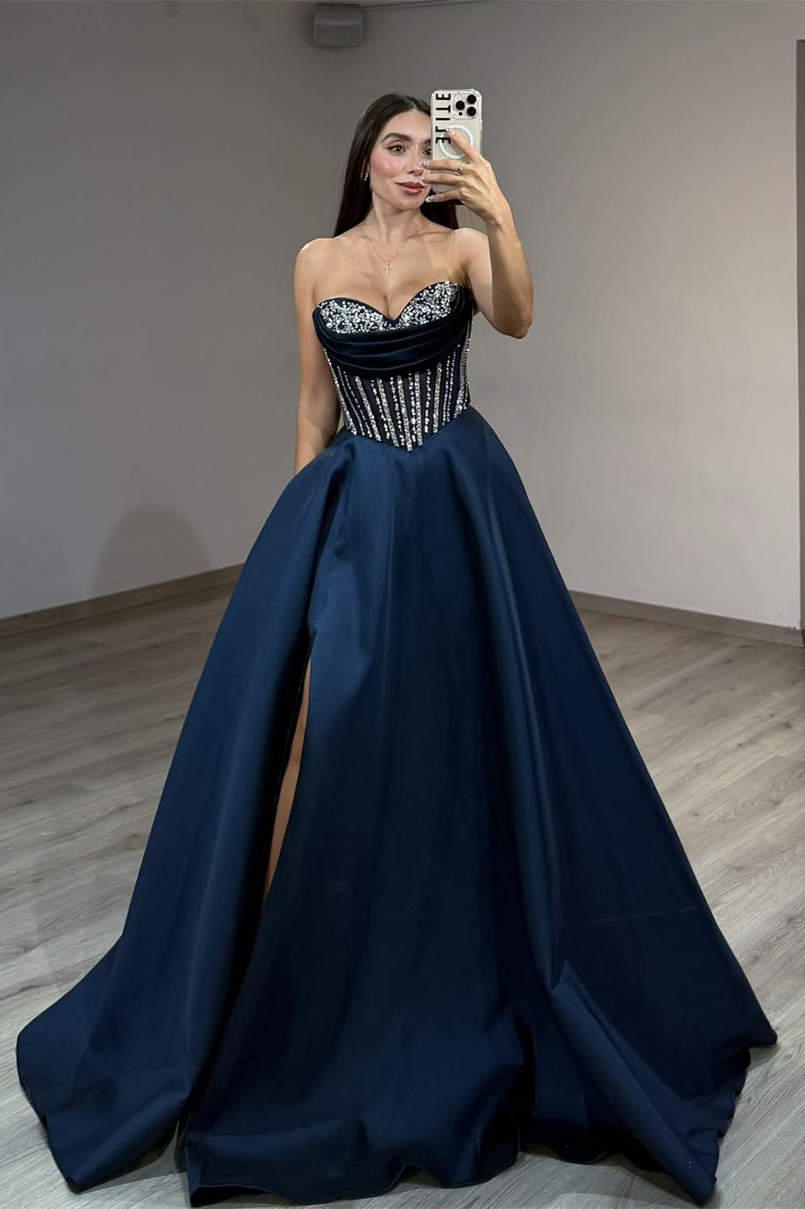Classy Navy Blue Sweetheart Strapless Sleeveless Satin Prom Dress A-Line High Split Gem With Lace-Up Back Pockets-Ballbella