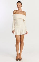 Maeve Mini Dress - Off Shoulder Long Sleeve Fit And Flare Mini Dress in Cream