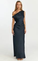 Lira Maxi Dress - One Shoulder Satin Dress in Navy