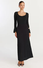 Michelle Maxi Dress - Scoop Neck Flute Sleeve Knit Maxi Dress in Black